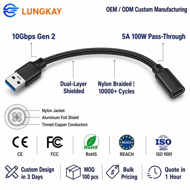 USB 3.2 Type-C Female to USB-A Male Adapter Cable 10Gbps High-Speed Nylon Braided Audio Video Converter Cord OEM Custom