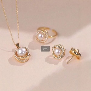 3 piezas de aleación de lujo perla de imitación chapado en oro conjunto de joyas accesorios colgantes al por mayor collar informal pendientes anillo - Product Image 3