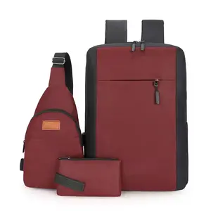 حقيبة ظهر رجالي للكمبيوتر مناسبة للعمل لون سادة منفذ شحن USB مجموعة حقائب ظهر حريمي للكمبيوتر المحمول من ثلاث قطع