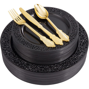 Assiette à découper en plastique noir pour couverts de fête Assiette à dessert 7.5 "Assiette à dîner 10.25" Noir - Product Image 2