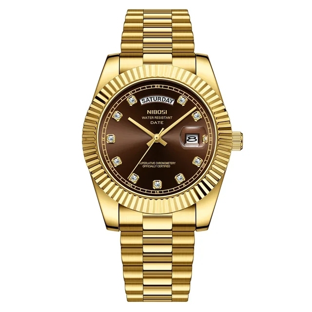 Nibosi  2627 Diamond Gold Luxury Stainless Steel Strap Sports Men's Quartz Watches Waterproof Wrist Watch for Men Montre Relojes