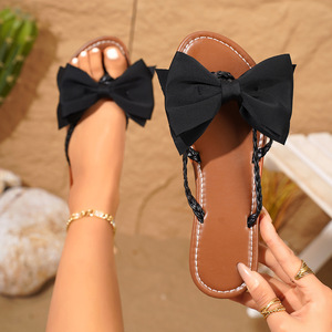 Summer Fashion Bow Decor Flat <b>Slide</b> Sandals Solid Color Braided Strap Open Toe Outdoor Women Flip Flops - Product Image 2