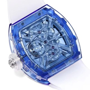 Montre mécanique avant-gardiste en cristal bleu, boîtier tonneau, design squelette tourbillon, automatique, sport, mode, bracelet blanc - Product Image 5