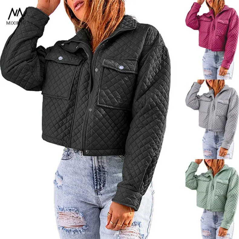MXN YY3524 düz renk rahat artı boyutu kadın giyim, uzun kollu kış ceket kadınlar için, yaka fermuar kırpılmış kadın ceketi