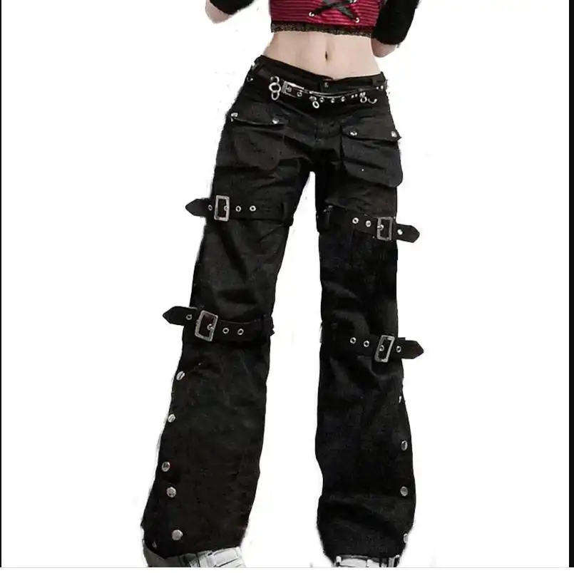 Comic Print Punk Goth Pant Grunge Black Clothes Korean Fashion Pocket Straight Women Streetwear Flared Y2k Hippie Jeans