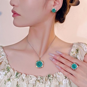 Wholesale Eco-friendly Copper <b>Necklace</b> <b>Set</b> 18-14mm Emerald Green Cubic Zirconia Rose Cut Vintage Fashion Jewelry <b>Set</b> - Product Image 2