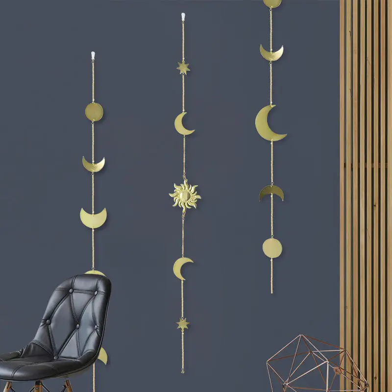 מתכת עגול חתיכה שמש ירח מתכת צורת תליית קישוט תמונה ילדים סלון קיר תלוי קישוט עם שרשרות