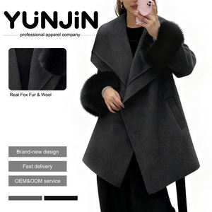 YUNJIN élégant noir Chic femmes Double face cachemire manteau d'hiver véritable fourrure de renard poignets vêtements d'extérieur en laine naturelle avec ceinture pardessus - Product Image 1
