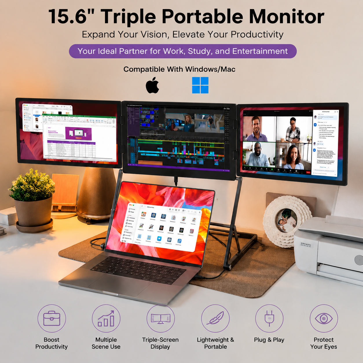 <strong>2026</strong> Trending Triple <strong>Laptop</strong> Screen Extender <strong>15</strong>.6 <strong>Inch</strong> Aluminum Alloy FHD IPS Triple Monitor for Office Travel Windows & Mac