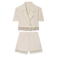 Blazer court décontracté pour femme, couleur beige, col cranté, bouton unique, bordure en dentelle, manches courtes, tendance