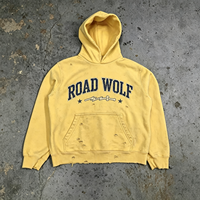 Sweat-shirt à capuche Road Wolf Heavyweight délavé au soleil, style universitaire, imprimé lettres, jaune délavé à l'acide, streetwear vieilli