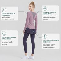 Ensemble de yoga 2 pièces pour femmes, chemise à manches longues avec dos en maille, leggings à jupe 2 en 1, tenue de sport athlétique, 13 couleurs, S-2XL