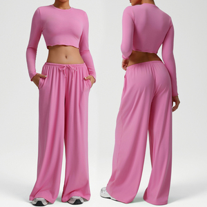 Nuova <span class=keywords><strong>tuta</strong></span> sportiva da ballo da donna <span class=keywords><strong>con</strong></span> Top Slim a manica lunga a <span class=keywords><strong>gamba</strong></span> larga pantaloni a tinta unita sopra al ginocchio per - Product Image 3
