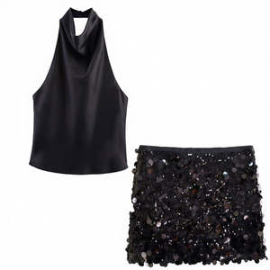 GX1435 Mode Zomer Sexy Kleding Boetiek Streetwear Dames Halter Satijnen Tops en Pailletten Minirok 2-delig Set - Product Image 4
