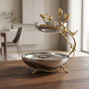 2 Tier Hammered Metal Fruit Bowl Luxury Gold <b>Bird</b> Branch Serving Tray Decorative Table Centerpiece Cupcake <b>Stand</b> Platter - Product Image 1