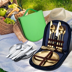 Ensemble de couverts portables pour le <span class=keywords><strong>camping</strong></span> en plein air, le pique-nique, le barbecue, le steak, couteau, fourchette, cuillère, assiette en acier inoxydable - Product Image 1