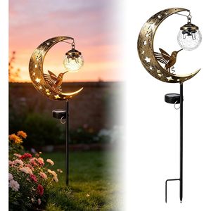 Lámpara Solar de Jardín con Forma de Colibrí y Luna, Luz Amarilla de Hierro y Vidrio para Caminos, Decoración Exterior, IP65 Impermeable, con Sensor de Luz y Batería - Product Image 2