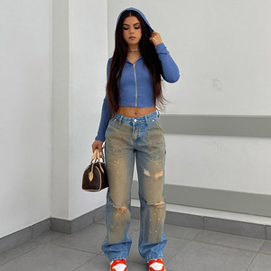 Pantaloni <span class=keywords><strong>Jeans</strong></span> da <span class=keywords><strong>Donna</strong></span> Stile Street a Vita Alta con Lavaggio Retrò Sfumato, Strappi, Schizzi di Inchiostro e Taglio Dritto per il Tempo Libero - Product Image 2