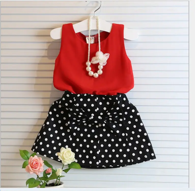 2019 Wholesale cheap summer red vest black polka dot skirt two-piece kids children girl clothes set