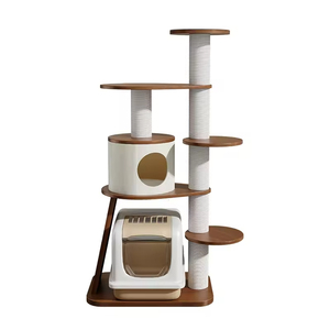 Non-Toxic Eco-Friendly Modern <strong>Large</strong> Luxury Rubberwood <strong>Cat</strong> <strong>Climbing</strong> <strong>Tree</strong> with 2-Level Litter Box Enclosure Carton Easy Assembly - Product Image 1
