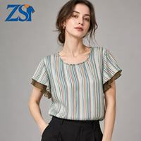 Chemisier décontracté rayé tissé respirant pour femme Zesheng, col à volants, manches contrastées superposées, coupe ample, hauts d'été OEM
