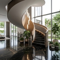 Escalier hélicoïdal incurvé de luxe sur mesure Tanlong, éclairage LED en bande de marbre, mur latéral incurvé en acier bicolore