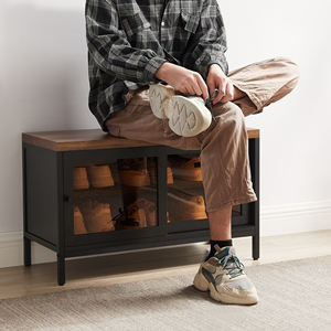 <span class=keywords><strong>VASAGLE</strong></span> Meuble d'entrée en bois brun pour chaussures <span class=keywords><strong>Banc</strong></span> de chambre à coucher avec 2 portes en verre - Product Image 3