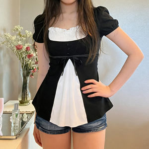 T-shirt court Y2K mignon pour femme, style babydoll, contrastant noir et blanc, froncé, col carré, à nouer devant, manches courtes - Product Image 3