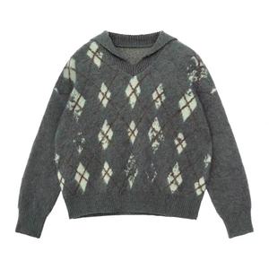 Suéter de mezcla de lana con cuello en V y gran solapa, diseño jacquard con estampado de rombos, ¡Gran Venta! - Product Image 6