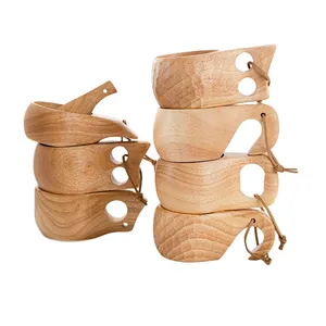 定制标志Dursten Kuksa手工制作的木质营地杯木制牛奶咖啡杯天然硬木杯，带登山扣和皮革挂绳