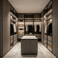 Armoire dressing moderne sur mesure de grande capacité avec porte vitrée, éclairage LED et îlot central pour appartement de luxe ou villa
