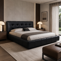 Modernes Italienisches Schwarzes Gestepptes Lederbett mit Edelstahlrahmen, Umweltfreundlich, Verstellbar, Komfortabel und Niedrig