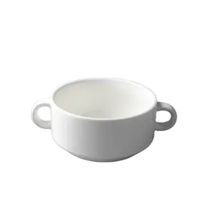 China suppliers good quality round ceramic white soup cereal pasta bowl set with two handle for restaurant home
