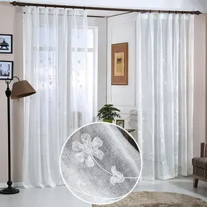 Cortinas de tela transparente bordada con diseño de flores, color blanco, elegante