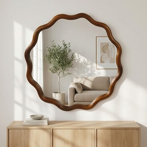 Black Walnut Color 36 Inch Wavy Round Solid Wood <b>Frame</b> Decorative <b>Mirror</b> For Bedroom Bathroom Living Room Entryway - Product Image 3