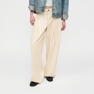 OEM/ODM Cream <strong>Pinstripe</strong> Wide Leg Jeans <strong>Womens</strong> High Waist Pleated Denim <strong>Trousers</strong> Striped Baggy Pants Factory Direct Wholesale - Product Image 1