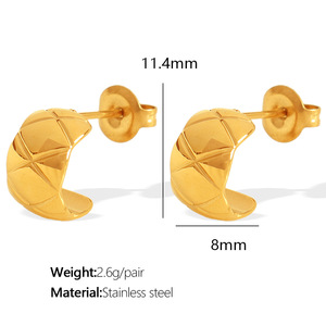 Wholesale High Quality 18K Gold Plated Stainless Steel Diamond Lattice Grain C Shape Hoop <b>Stud</b> Earrings for Women - Product Image 6