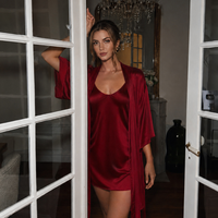 Robe de pyjama d'été sexy et décontractée pour femme en polyester doux et respirant, peignoir en satin, ensemble de pyjama rafraîchissant rouge