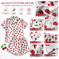 Ensemble de pyjama d'été personnalisé en satin, imprimé cerises, manches courtes, respirant, écologique, taille élastique pour femme