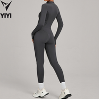 Jumpsuit Yoga Wanita Pengontrol Perut Setengah Resleting Berbahan Fleece Termal Lengan Panjang Ketat Model Bodysuit untuk Lari dengan Logo Kustom OEM