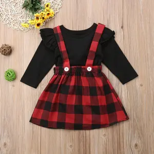 solid color and plaid suspender skirt wholesale toddler girls boutique clothing Christmas sets baby girls sets children outfits