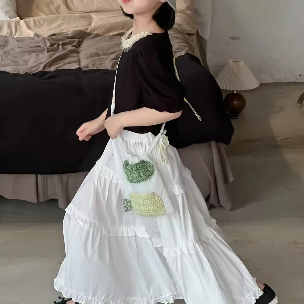 2024 New Fashion Toddler Girls Black Short Sleeved Ruffle Shirt + White Ruffle Long Skirt 2 pcs Stylish Girl Set 2-8 Years