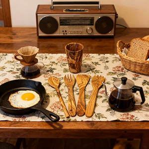 El juego de utensilios de cocina de madera de olivo de 5 piezas incluye soporte con espátula, cuchara para mezclar, cuchara para ensalada y tenedor - Product Image 2