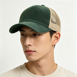 Casquette Trucker Homme en Velours Côtelé Vert Foncé avec Dos en Maille Kaki, Style Vintage Bicolore, pour Extérieur et Tenues Décontractées, Logo Personnalisé, Vente en Gros - Product Image 1