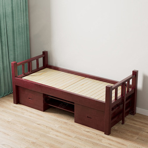 Lit simple en bois massif de caoutchouc personnalisé avec rangement, cadre de lit pour dortoir, brun rougeâtre - Product Image 2