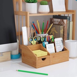 Bamboo Desk Organizer With Drawer Rectangle Multi Purpose Office Storage For Desktop <b>Home</b> Use - Product Image 2