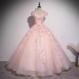 Pink Floral Off Shoulder Ball Gown Chiffon Empire Waistline Evening Dress For Solo Singers Art Exam Piano Guzheng Players - Product Image 1