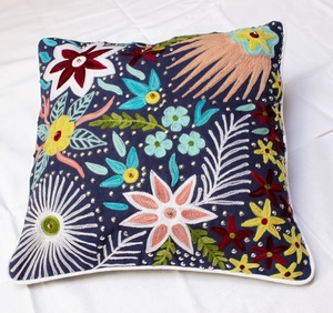 Bohemian Embroidered Floral Cushion Cover <b>Square</b> Navy Blue With Colorful Flowers And Leaves Home Decorative <b>Pillow</b> Case - Product Image 1