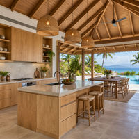 Meuble de cuisine en contreplaqué marin tropical sur mesure, résistant à l'humidité, îlot cascade, meuble de villa moderne