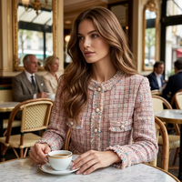 Manteau en laine grossière tissée pour femme - Printemps, élégant, motif à carreaux rose, fin, anti-plis, vintage, luxe 2026